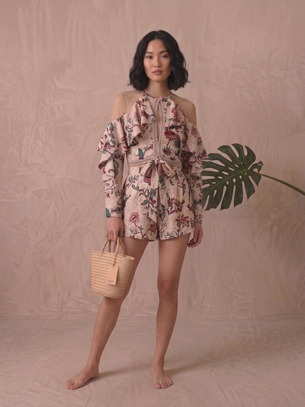 NEW PatBO Pink Floral Orchid Long Sleeve Tie Crop Top US 4